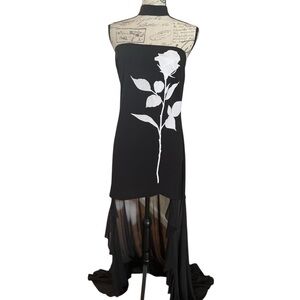 Black Mini Tube Dress with White Floral Detail & Sheer Ruffle Train